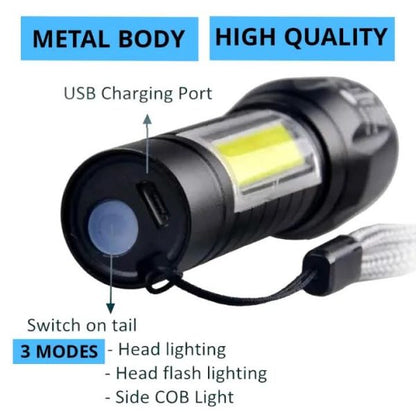 Mini Rechargeable Flashlight With 3 Light Modes Cob Side Metal Light For Camping,hunting